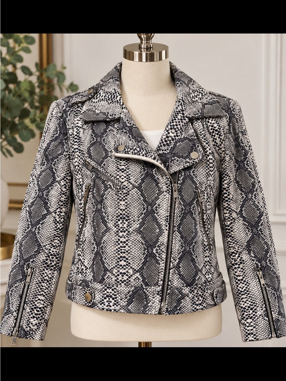 Fate Snake-Print Faux Leather Jacket in Gray and Black
